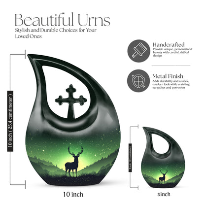 Olive Green Deer Cremation Urn back view with polished surface - devotional cross-drop deer engraving - mini keepsake memorial for portion of cremation ashes