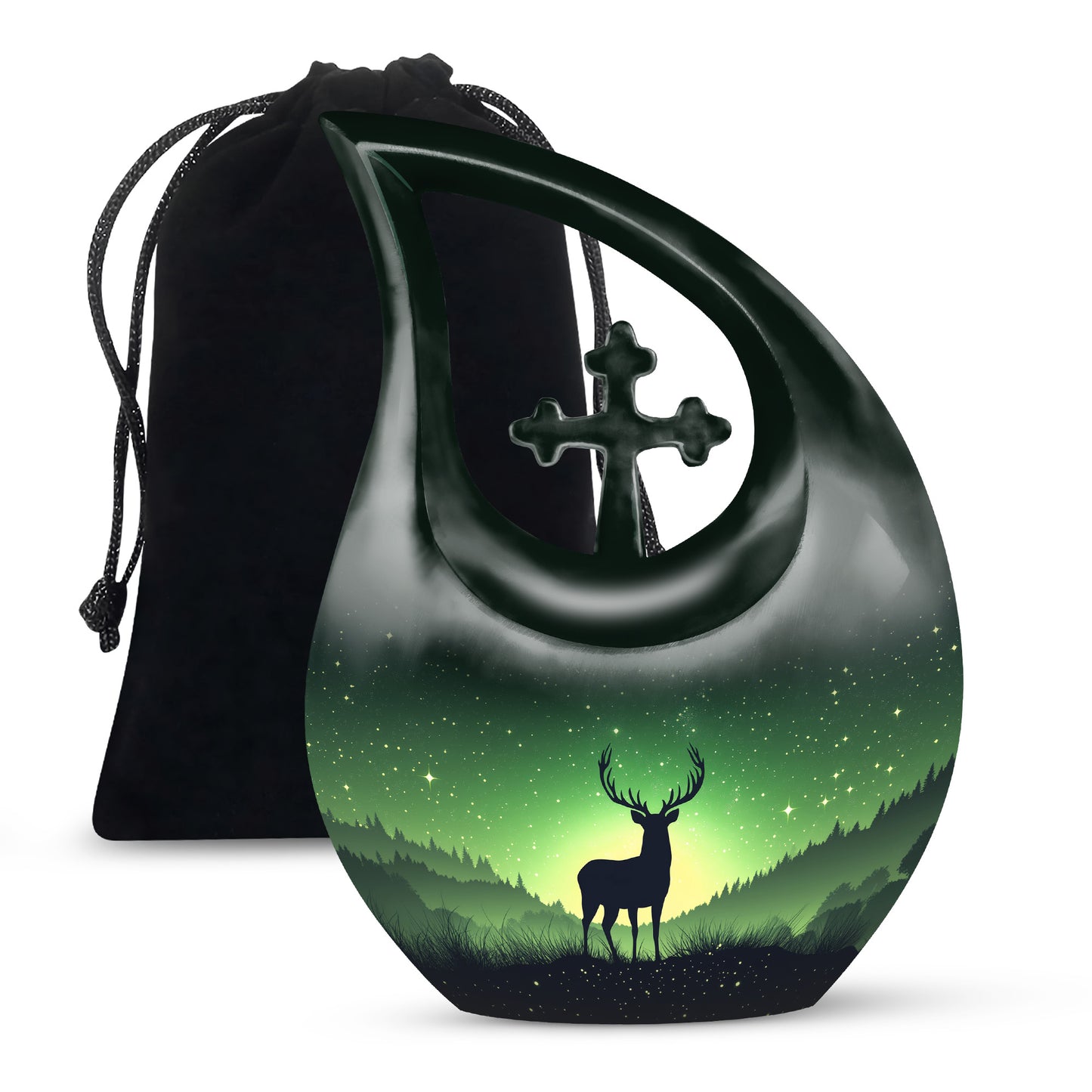 Pine Green Deer Cremation Urn top-down view of secure threaded lid - devotional cross-drop deer engraving - full-size 10 inch 200 cubic inch adult cremation urn