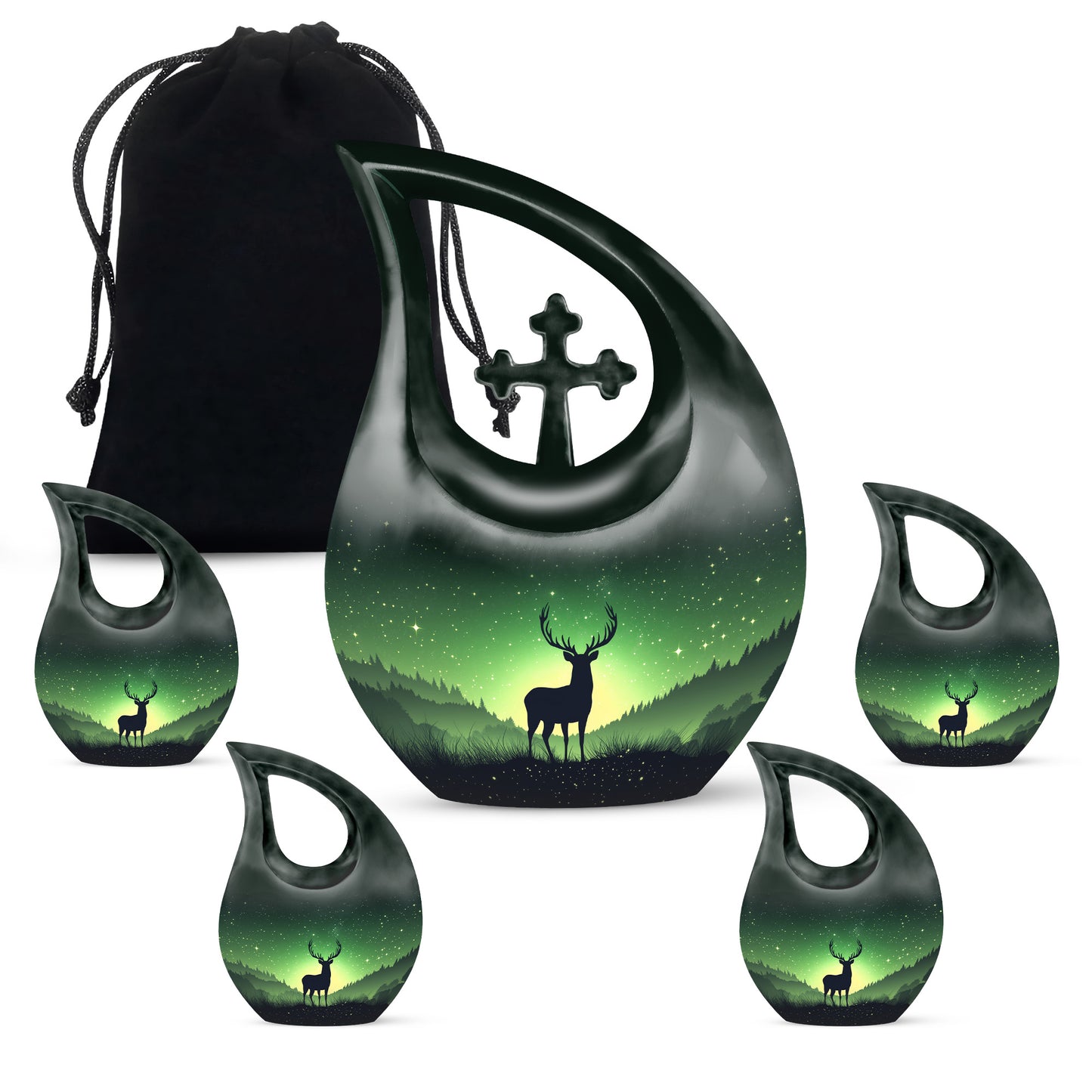 Forest Green Deer Cremation Urn urn with complimentary velvet bag - devotional cross-drop deer engraving - memorial set with one large and four small urns