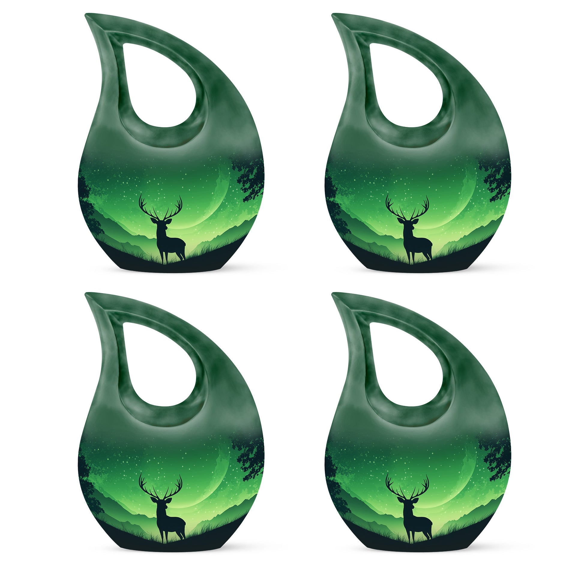 Emerald Green Deer Cremation Urn lifestyle display on memorial shelf - sacred cross merged with deer motif on metal - 10 inch aluminum urn for cremated remains
