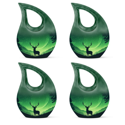 Emerald Green Deer Cremation Urn lifestyle display on memorial shelf - sacred cross merged with deer motif on metal - 10 inch aluminum urn for cremated remains
