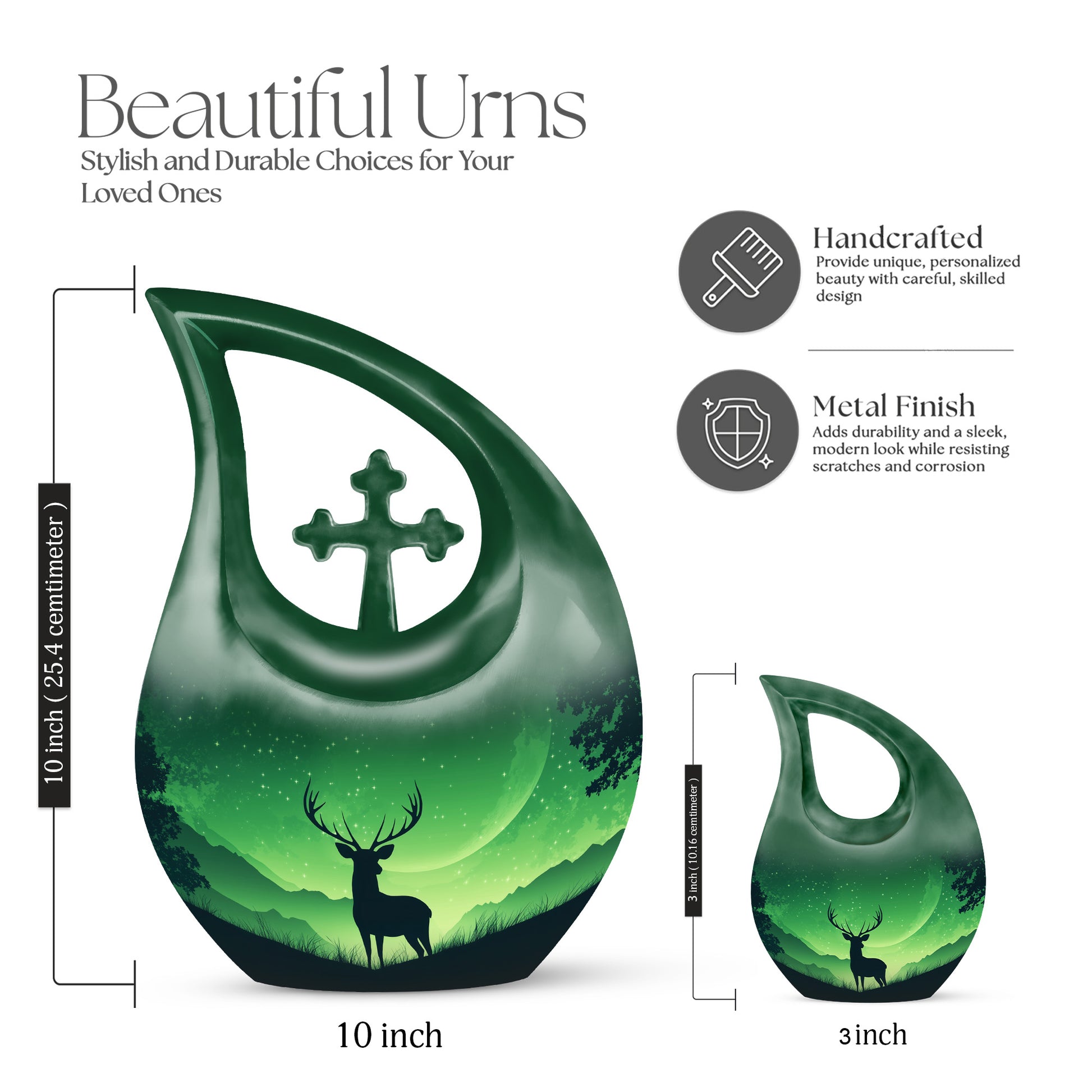 Olive Green Deer Cremation Urn back view with polished surface - devotional cross-drop deer engraving - mini keepsake memorial for portion of cremation ashes