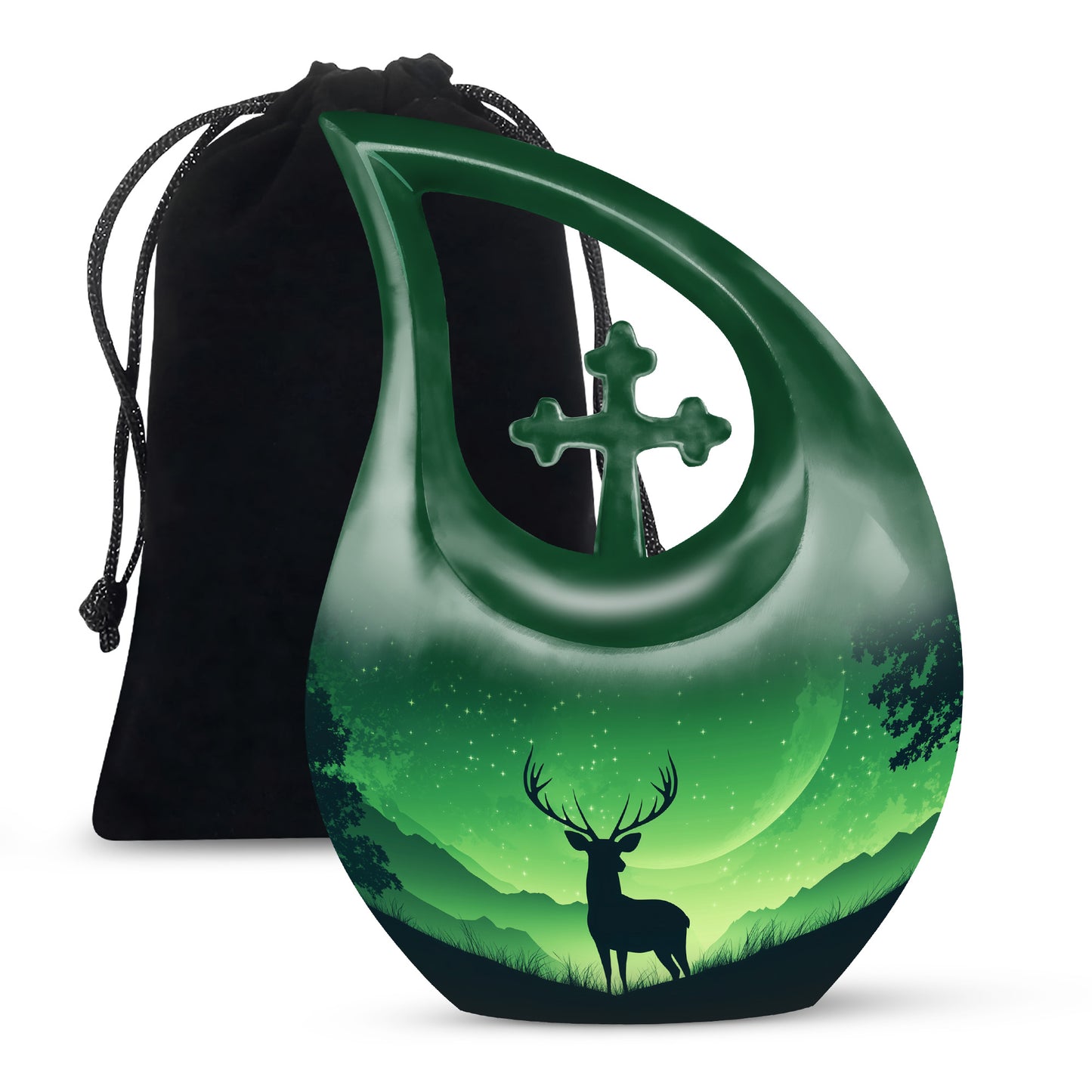 Hunter Green Deer Cremation Urn top-down view of secure threaded lid - faith-inspired cross-drop urn with deer pattern - full-size 10 inch 200 cubic inch adult cremation urn