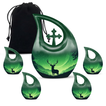 Olive Green Deer Cremation Urn urn with complimentary velvet bag - devotional cross-drop deer engraving - memorial set with one large and four small urns