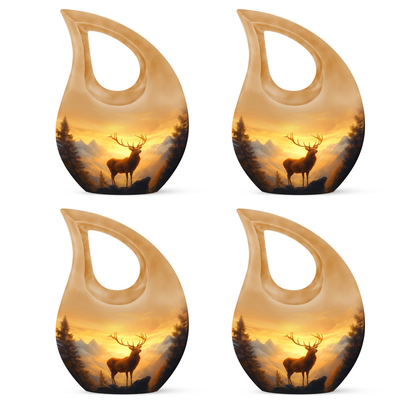 Gilded Gold Deer Cremation Urn lifestyle display on memorial shelf - cross and deer combined in spiritual memorial design - 10 inch aluminum urn for cremated remains