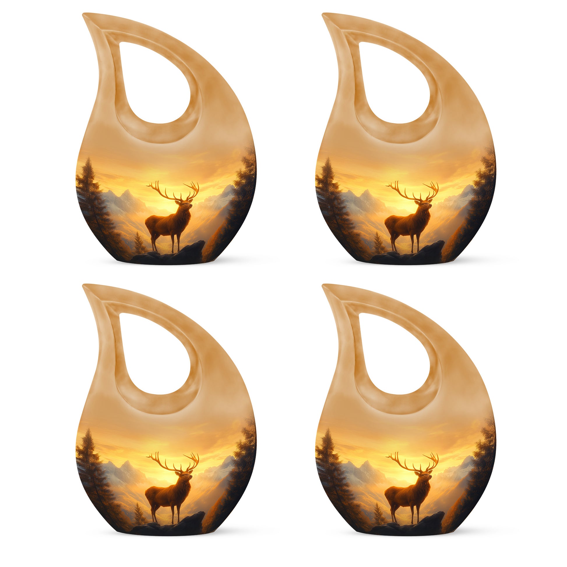 Gilded Gold Deer Cremation Urn lifestyle display on memorial shelf - cross and deer combined in spiritual memorial design - 10 inch aluminum urn for cremated remains