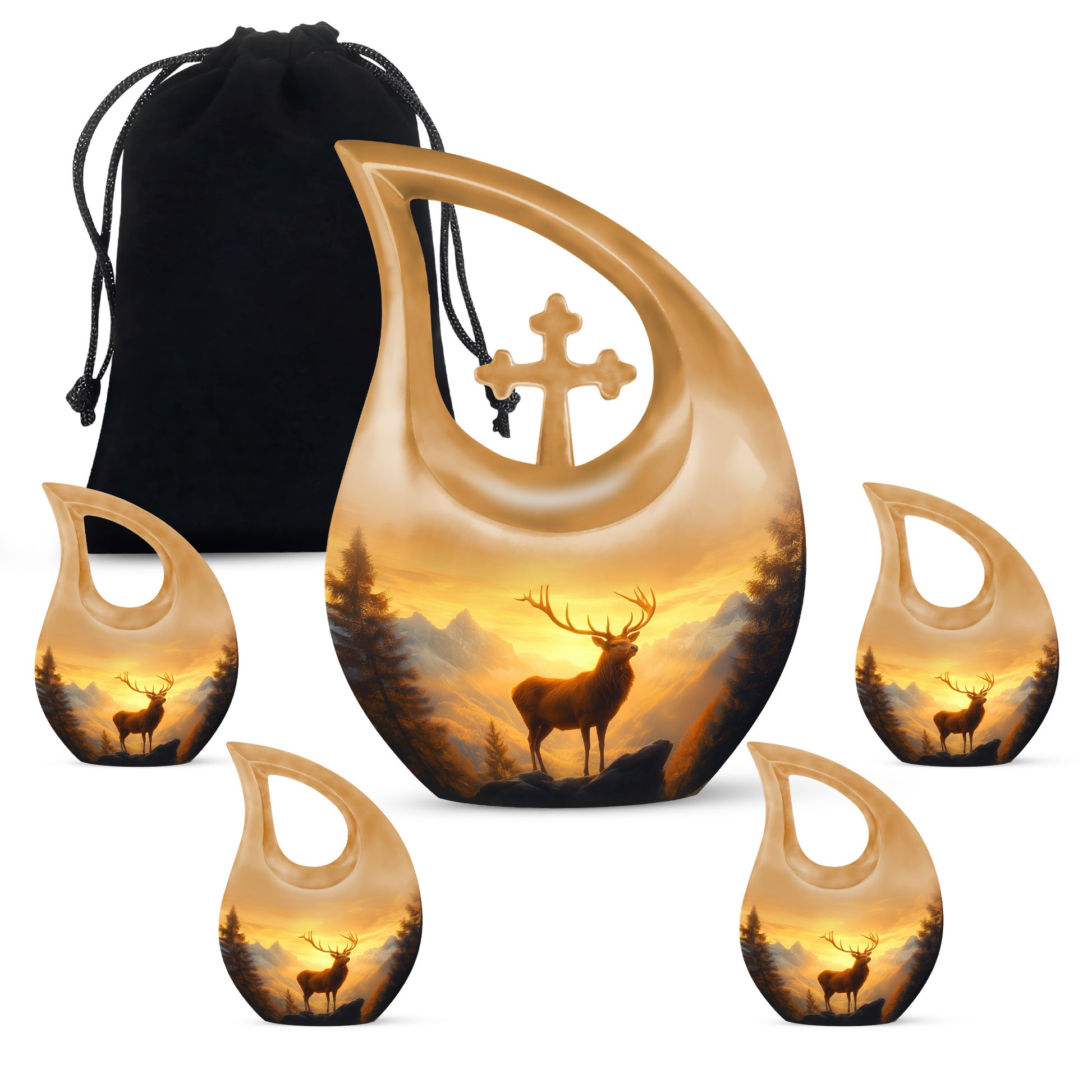 Amber Gold Deer Cremation Urn urn with complimentary velvet bag - cross and deer combined in spiritual memorial design - memorial set with one large and four small urns