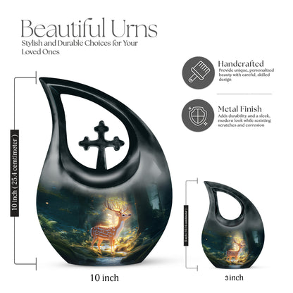Ocean Teal Deer Cremation Urn back view with polished surface - cross and deer combined in spiritual memorial design - mini keepsake memorial for portion of cremation ashes