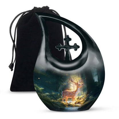 Jewel Teal Deer Cremation Urn top-down view of secure threaded lid - cross and deer combined in spiritual memorial design - full-size 10 inch 200 cubic inch adult cremation urn