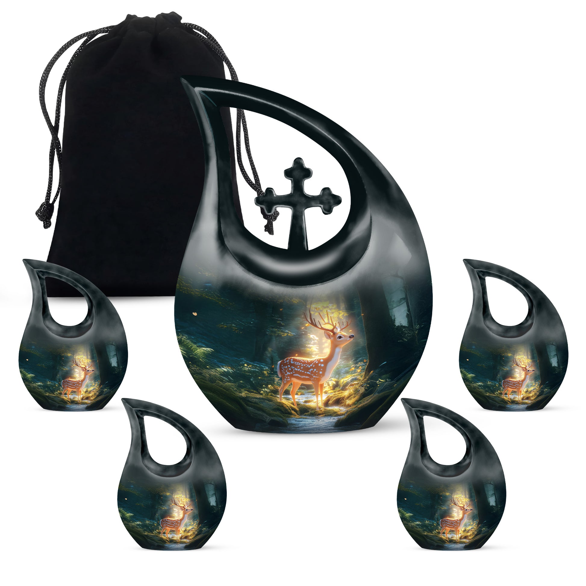 Ocean Teal Deer Cremation Urn urn with complimentary velvet bag - cross and deer combined in spiritual memorial design - memorial set with one large and four small urns