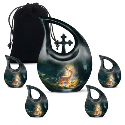 Ocean Teal Deer Cremation Urn urn with complimentary velvet bag - cross and deer combined in spiritual memorial design - memorial set with one large and four small urns