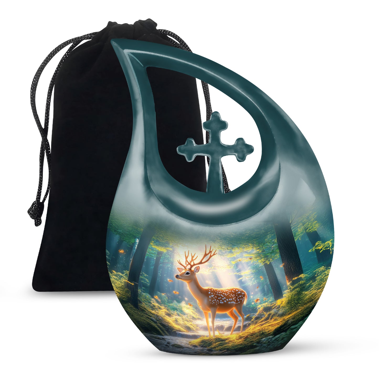 Celestial Blue Deer Cremation Urn top-down view of secure threaded lid - sacred cross merged with deer motif on metal - full-size 10 inch 200 cubic inch adult cremation urn