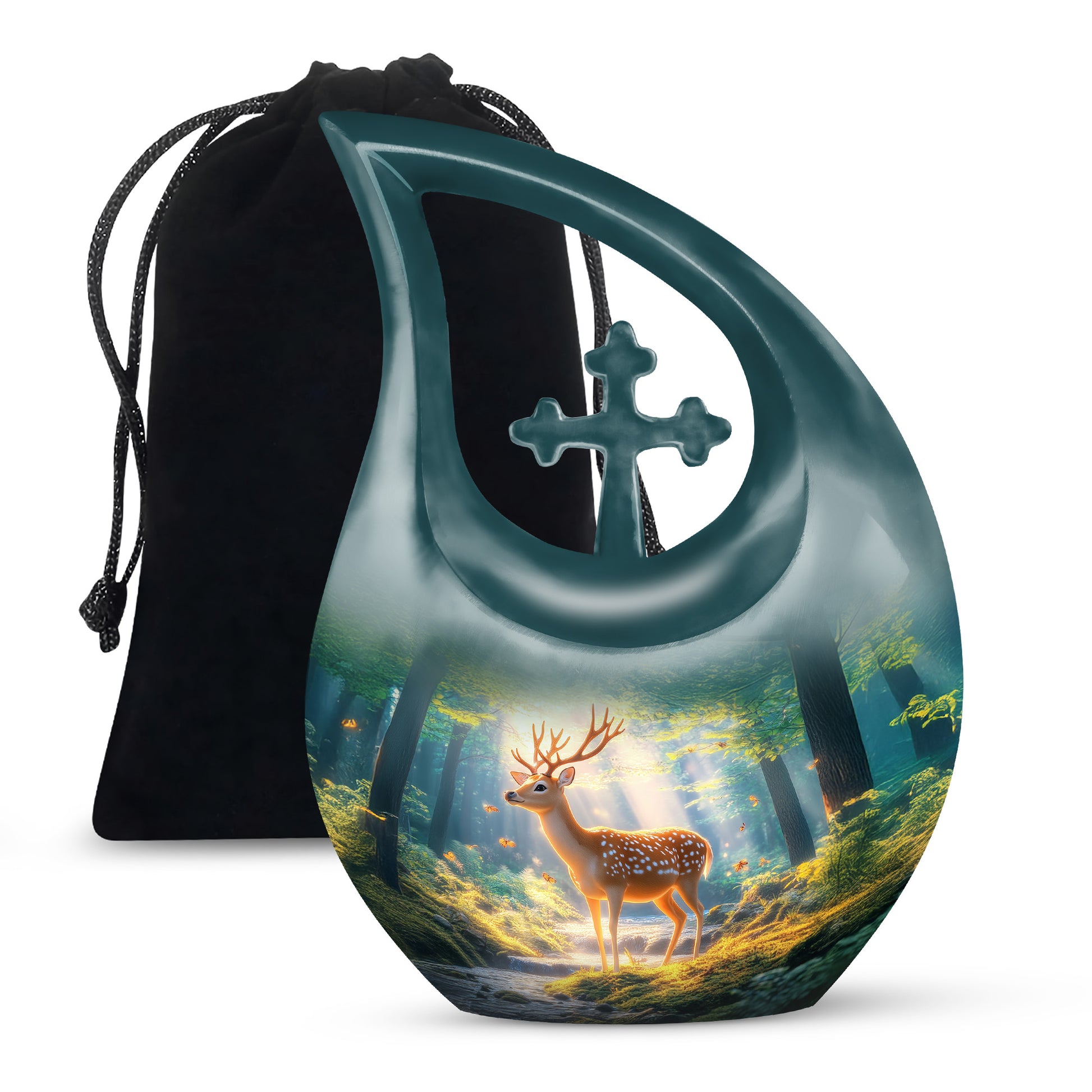 Celestial Blue Deer Cremation Urn top-down view of secure threaded lid - sacred cross merged with deer motif on metal - full-size 10 inch 200 cubic inch adult cremation urn