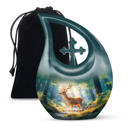 Celestial Blue Deer Cremation Urn top-down view of secure threaded lid - sacred cross merged with deer motif on metal - full-size 10 inch 200 cubic inch adult cremation urn