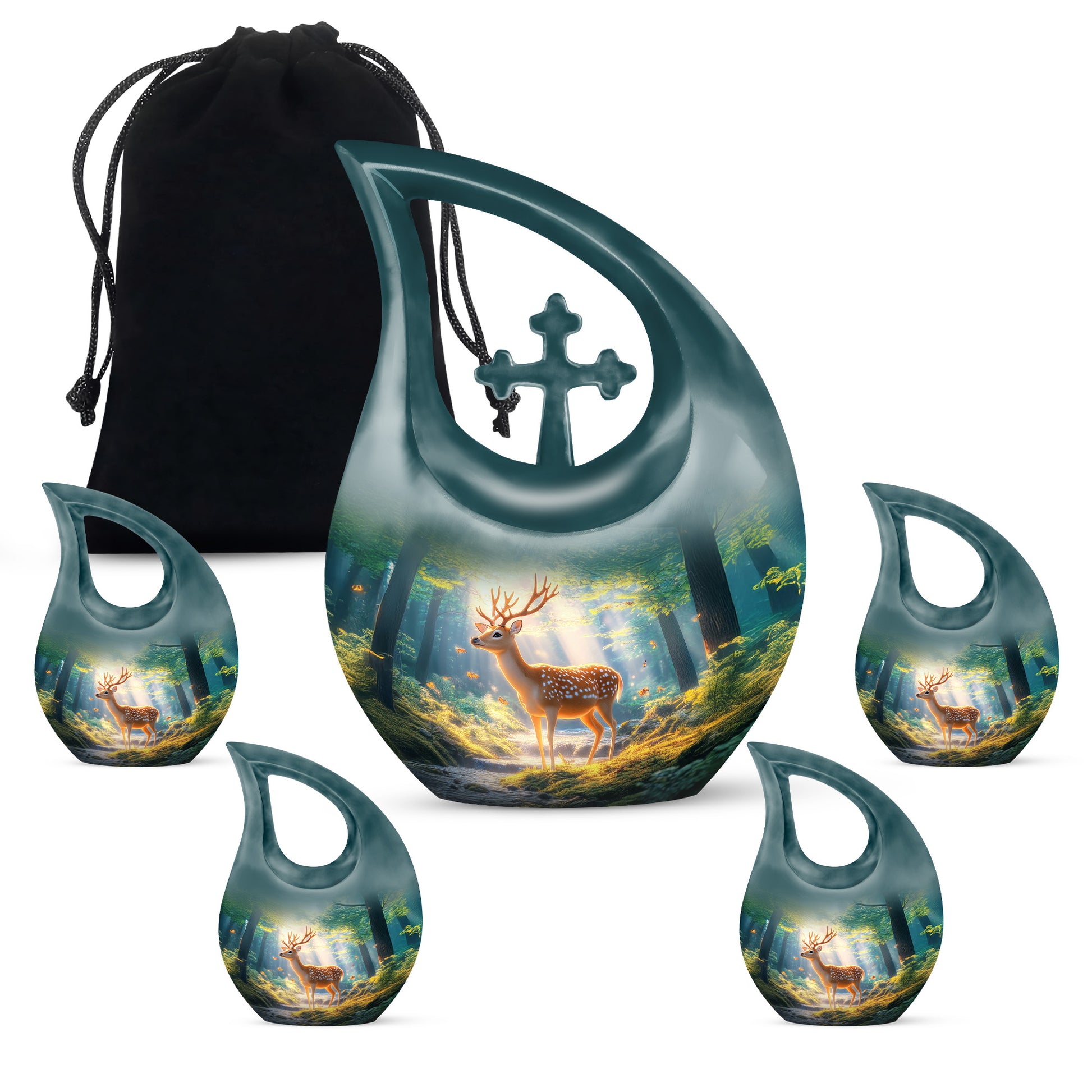 Sapphire Blue Deer Cremation Urn urn with complimentary velvet bag - faith-inspired cross-drop urn with deer pattern - memorial set with one large and four small urns