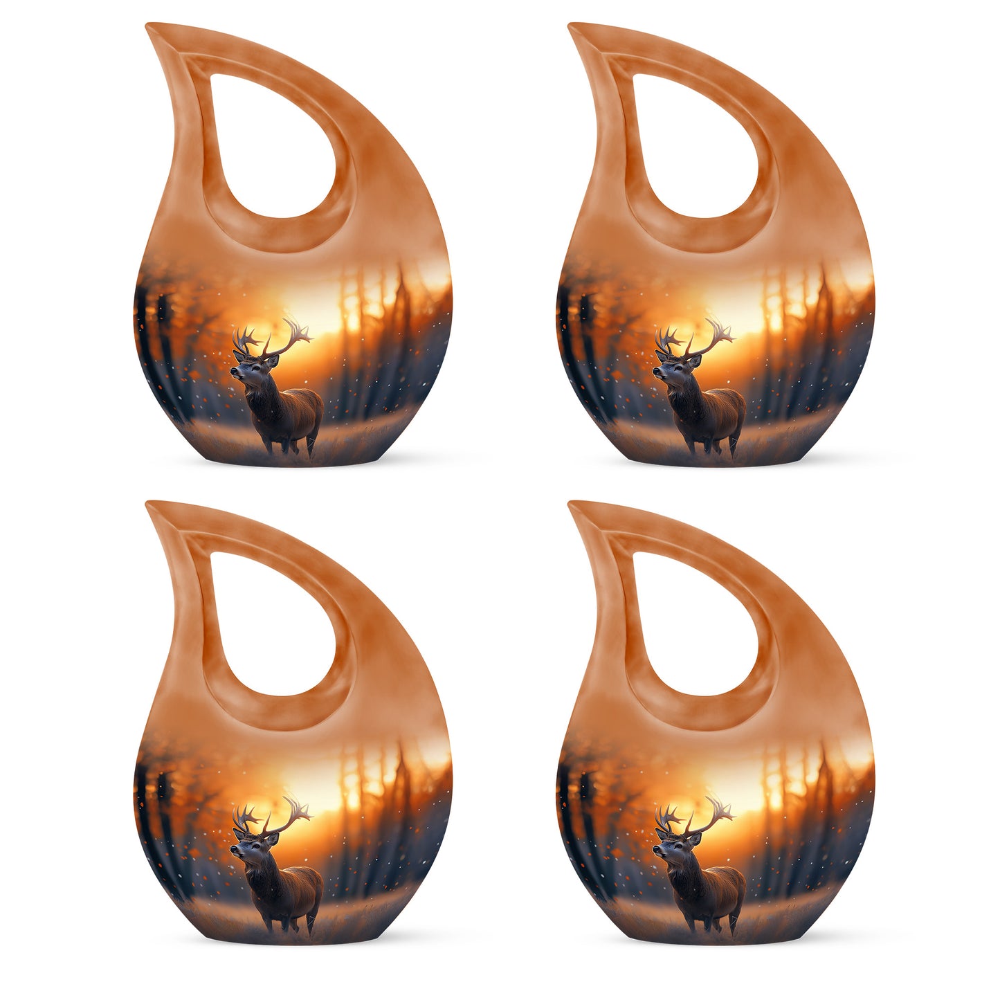 Sunrise Gold Deer Cremation Urn lifestyle display on memorial shelf - cross and deer combined in spiritual memorial design - 10 inch aluminum urn for cremated remains