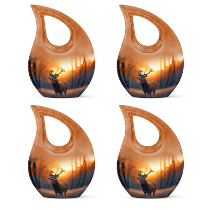 Sunrise Gold Deer Cremation Urn lifestyle display on memorial shelf - cross and deer combined in spiritual memorial design - 10 inch aluminum urn for cremated remains