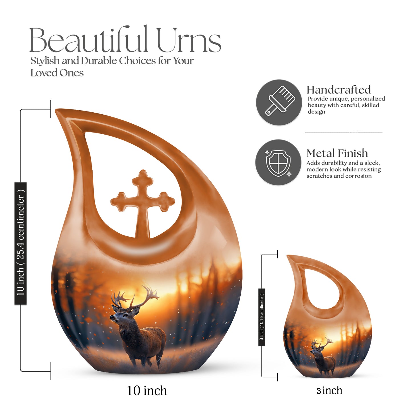 Sunrise Gold Deer Cremation Urn back view with polished surface - sacred cross merged with deer motif on metal - mini keepsake memorial for portion of cremation ashes