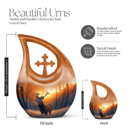 Sunrise Gold Deer Cremation Urn back view with polished surface - sacred cross merged with deer motif on metal - mini keepsake memorial for portion of cremation ashes