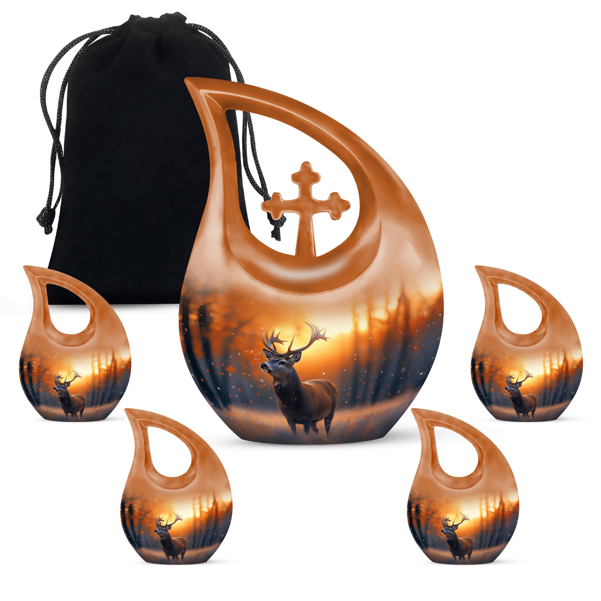 Champagne Gold Deer Cremation Urn urn with complimentary velvet bag - cross and deer combined in spiritual memorial design - memorial set with one large and four small urns