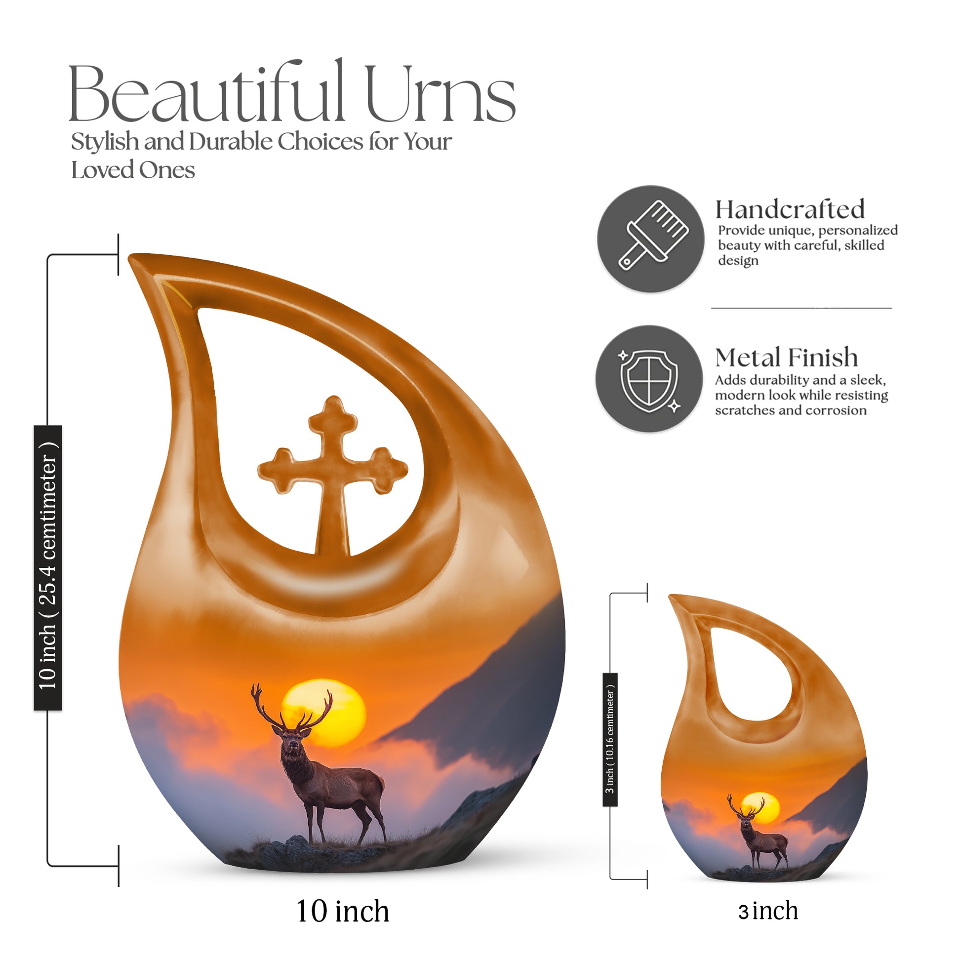 Sunrise Gold Deer Cremation Urn back view with polished surface - cross and deer combined in spiritual memorial design - mini keepsake memorial for portion of cremation ashes