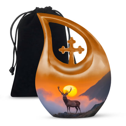 Warm Gold Deer Cremation Urn top-down view of secure threaded lid - devotional cross-drop deer engraving - full-size 10 inch 200 cubic inch adult cremation urn