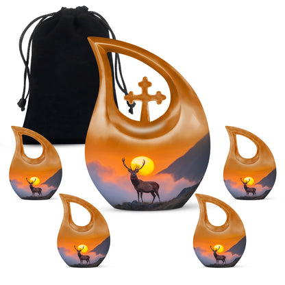 Royal Gold Deer Cremation Urn urn with complimentary velvet bag - faith-inspired cross-drop urn with deer pattern - memorial set with one large and four small urns