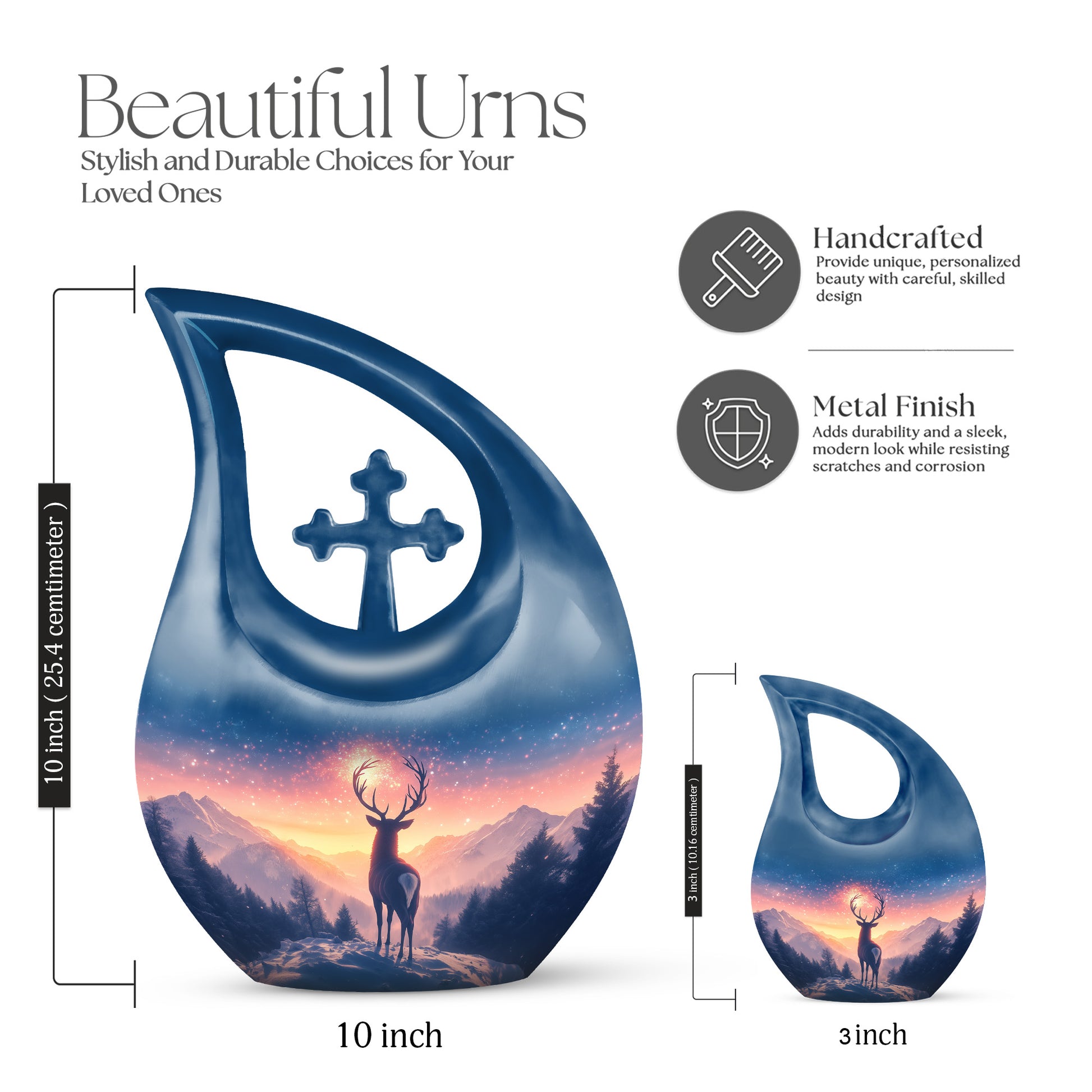 Cornflower Blue Deer Cremation Urn back view with polished surface - faith-inspired cross-drop urn with deer pattern - mini keepsake memorial for portion of cremation ashes