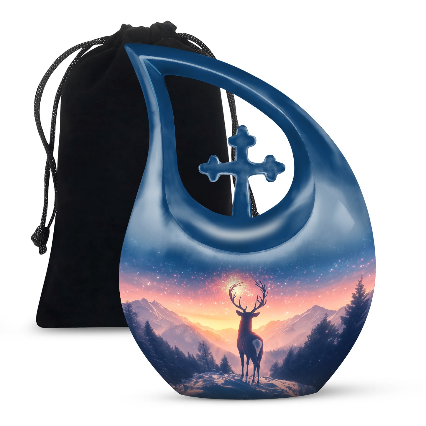 Vivid Blue Deer Cremation Urn top-down view of secure threaded lid - devotional cross-drop deer engraving - full-size 10 inch 200 cubic inch adult cremation urn