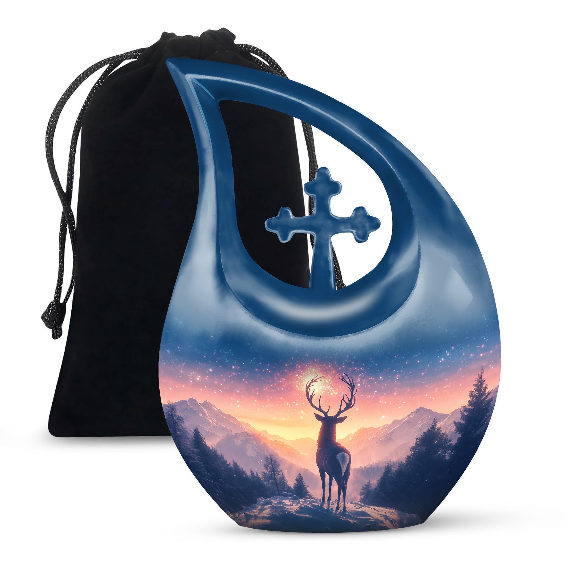 Vivid Blue Deer Cremation Urn top-down view of secure threaded lid - devotional cross-drop deer engraving - full-size 10 inch 200 cubic inch adult cremation urn