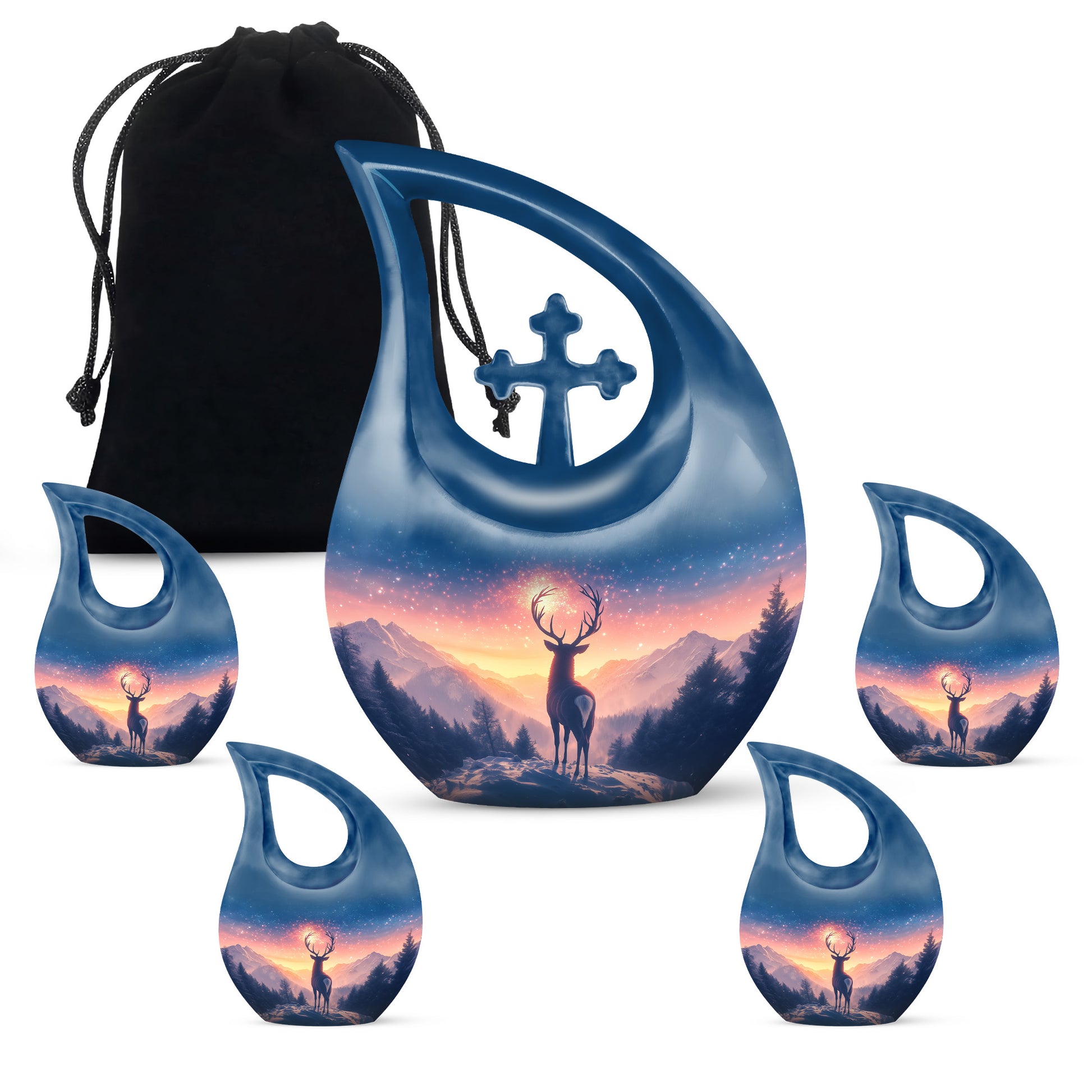 Azure Deer Cremation Urn urn with complimentary velvet bag - sacred cross merged with deer motif on metal - memorial set with one large and four small urns