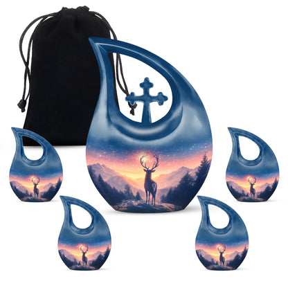 Azure Deer Cremation Urn urn with complimentary velvet bag - sacred cross merged with deer motif on metal - memorial set with one large and four small urns