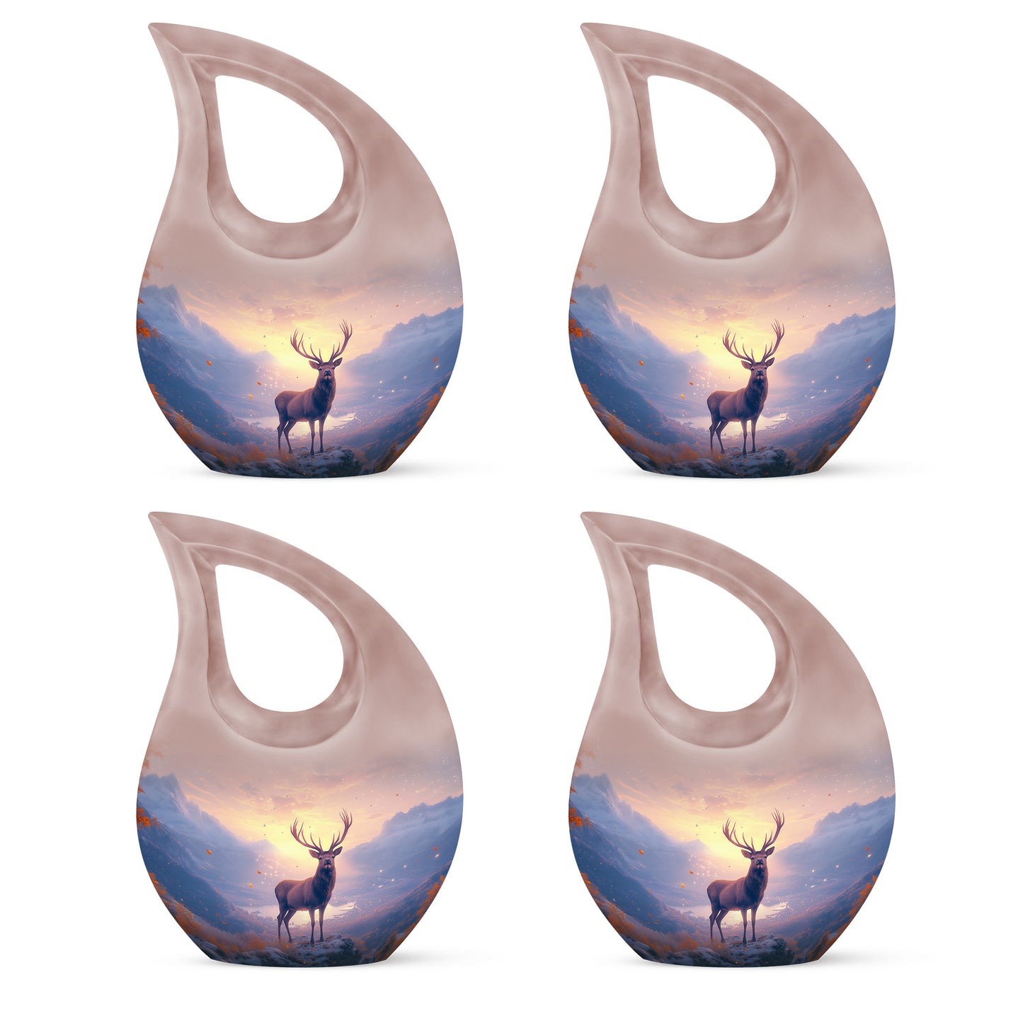 Cherry Red Deer Cremation Urn lifestyle display on memorial shelf - devotional cross-drop deer engraving - 10 inch aluminum urn for cremated remains