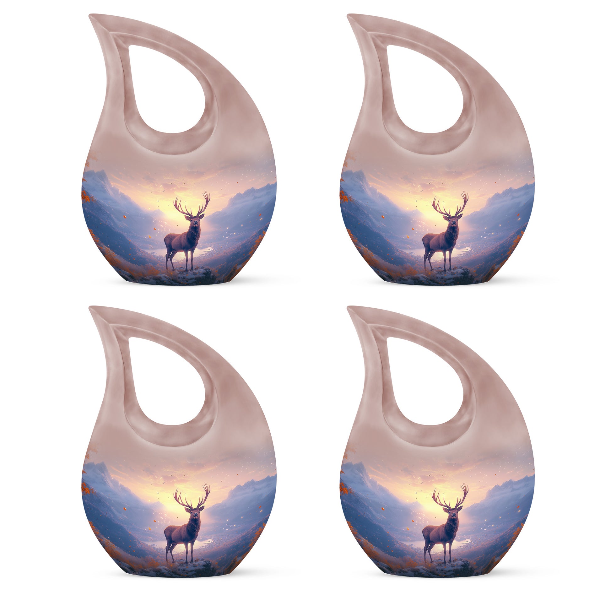 Cherry Red Deer Cremation Urn lifestyle display on memorial shelf - devotional cross-drop deer engraving - 10 inch aluminum urn for cremated remains