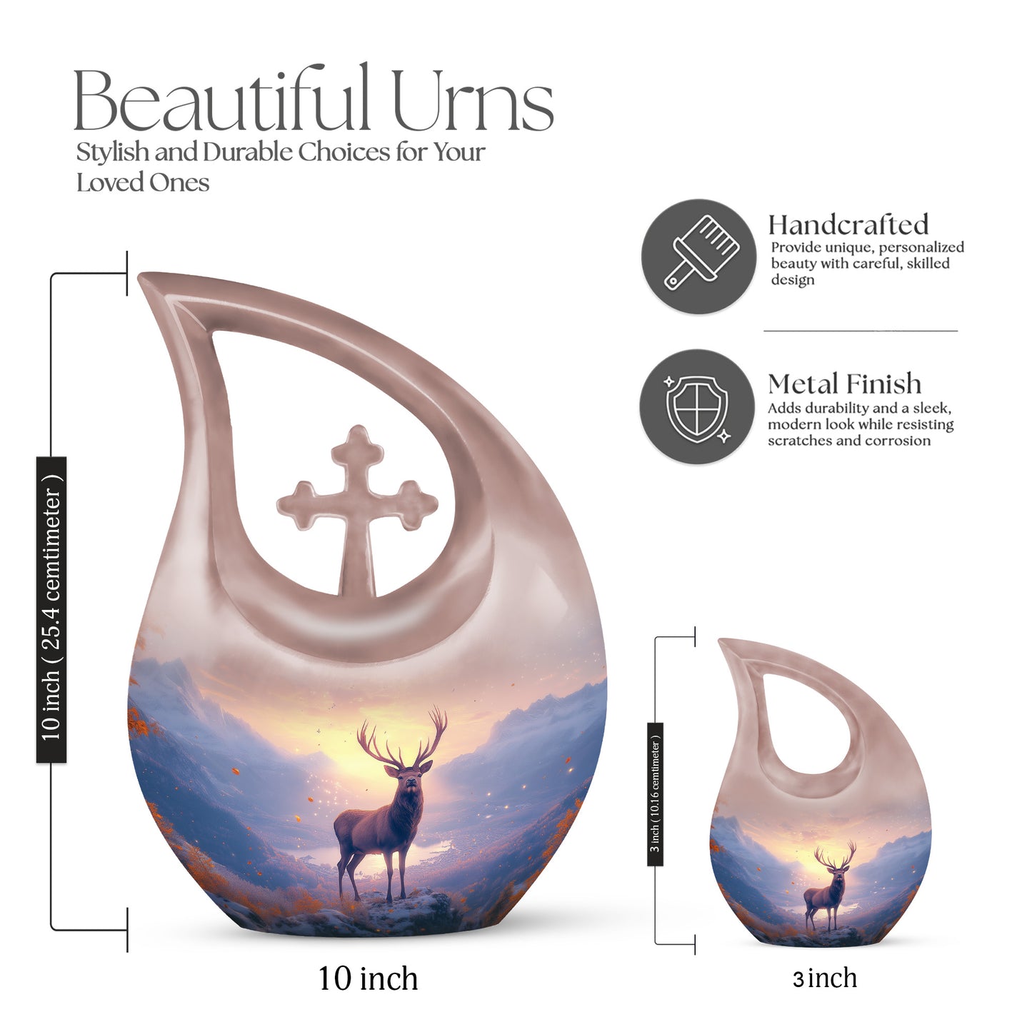 Cherry Red Deer Cremation Urn back view with polished surface - devotional cross-drop deer engraving - mini keepsake memorial for portion of cremation ashes