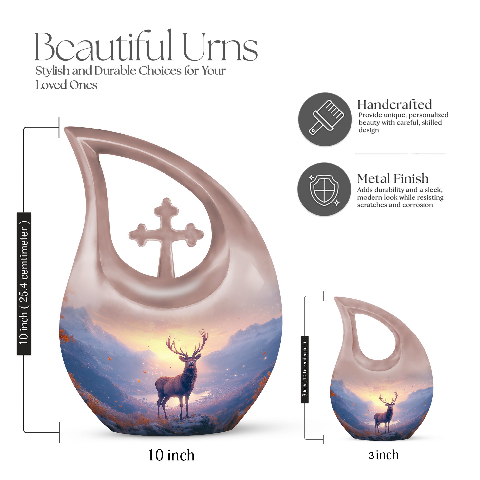 Cherry Red Deer Cremation Urn back view with polished surface - devotional cross-drop deer engraving - mini keepsake memorial for portion of cremation ashes