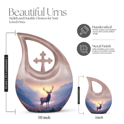 Cherry Red Deer Cremation Urn back view with polished surface - devotional cross-drop deer engraving - mini keepsake memorial for portion of cremation ashes