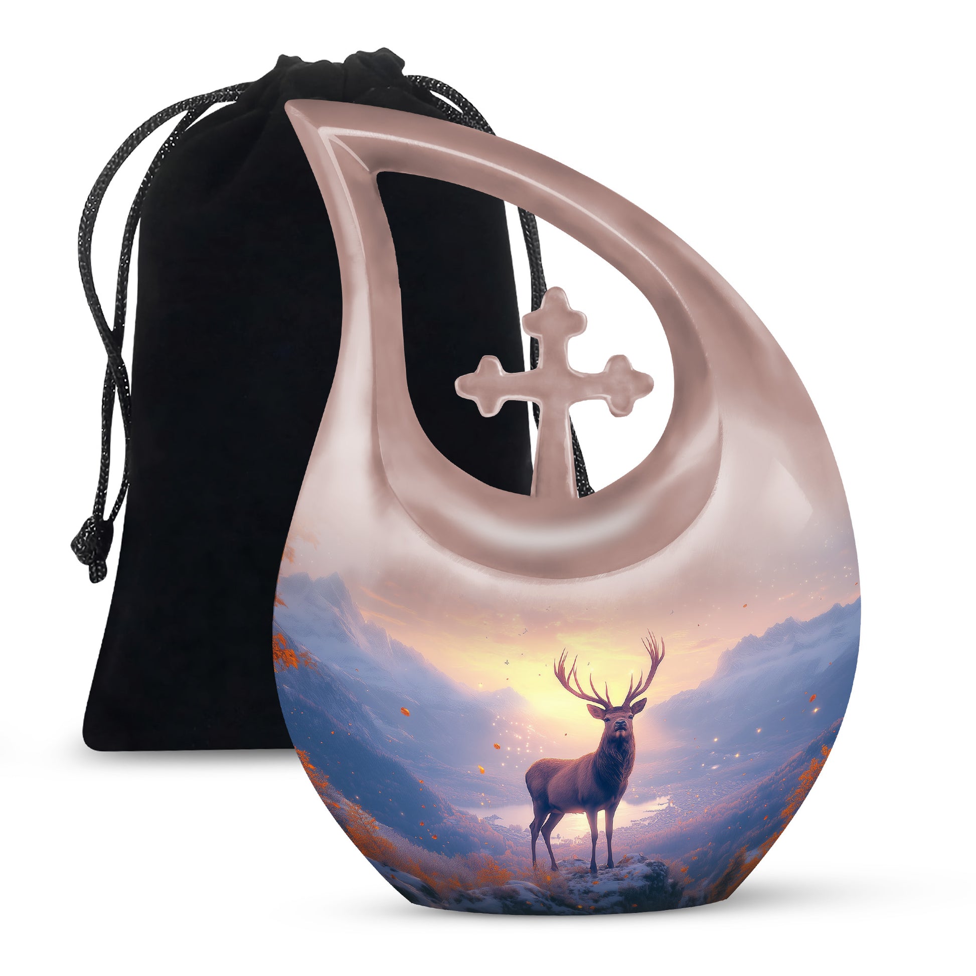 Wine Red Deer Cremation Urn top-down view of secure threaded lid - cross and deer combined in spiritual memorial design - full-size 10 inch 200 cubic inch adult cremation urn