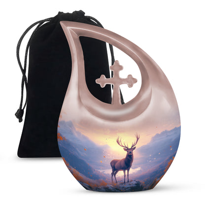 Wine Red Deer Cremation Urn top-down view of secure threaded lid - cross and deer combined in spiritual memorial design - full-size 10 inch 200 cubic inch adult cremation urn