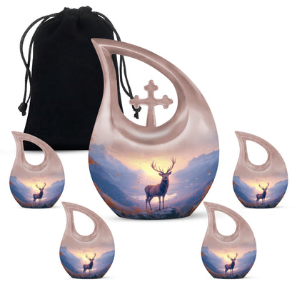 Burgundy Red Deer Cremation Urn urn with complimentary velvet bag - sacred cross merged with deer motif on metal - memorial set with one large and four small urns