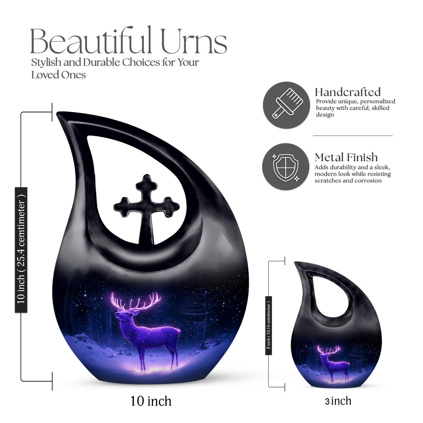 Royal Blue Deer Cremation Urn back view with polished surface - devotional cross-drop deer engraving - mini keepsake memorial for portion of cremation ashes