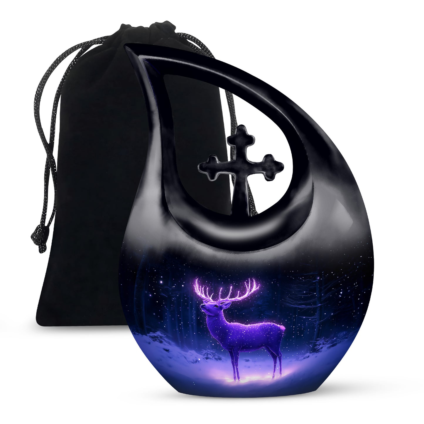 Icy Blue Deer Cremation Urn top-down view of secure threaded lid - cross and deer combined in spiritual memorial design - full-size 10 inch 200 cubic inch adult cremation urn