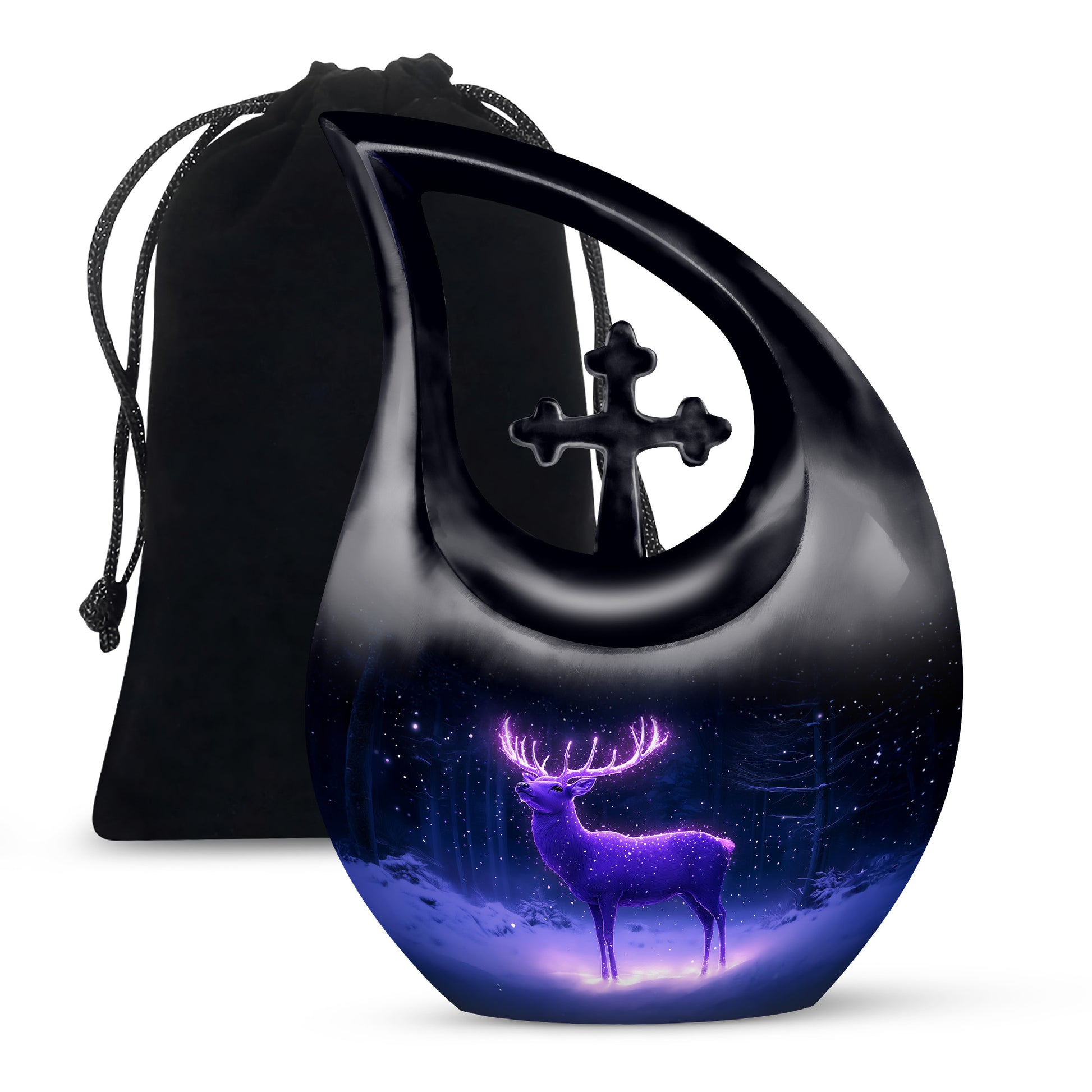 Icy Blue Deer Cremation Urn top-down view of secure threaded lid - cross and deer combined in spiritual memorial design - full-size 10 inch 200 cubic inch adult cremation urn