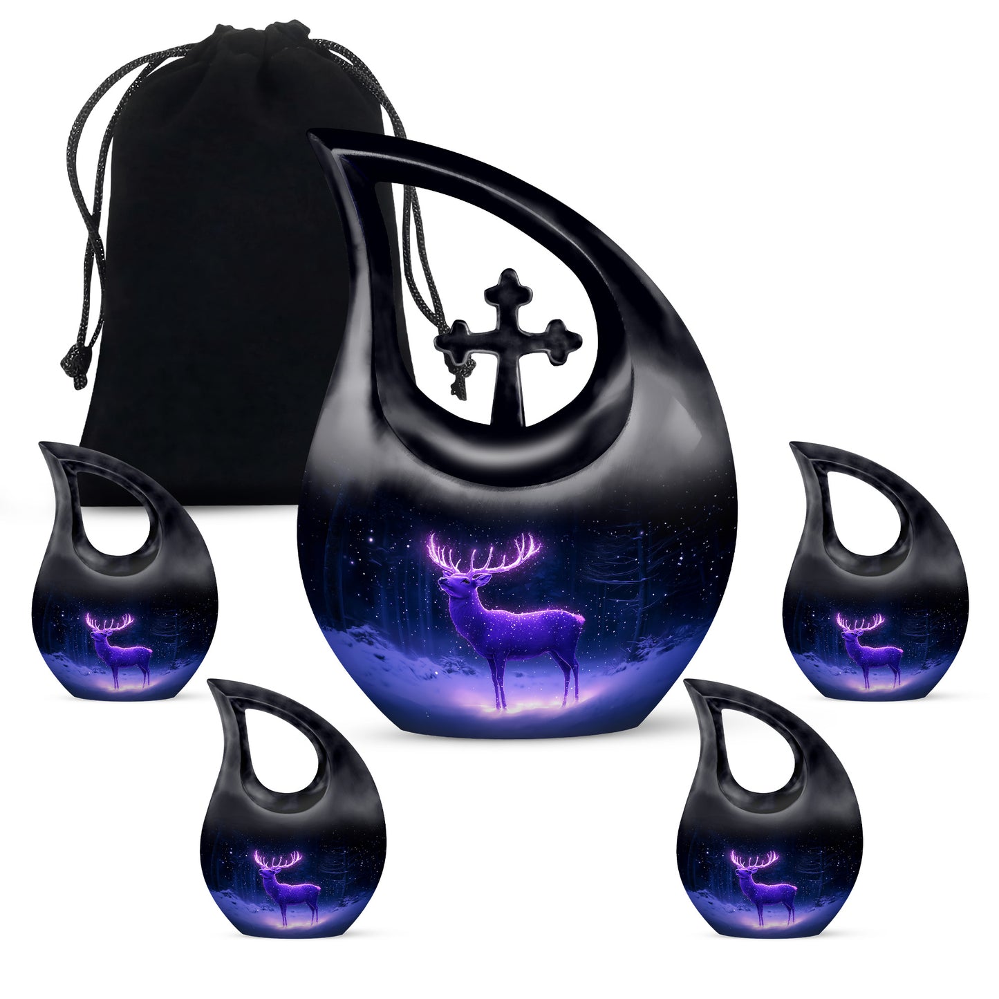 Serene Blue Deer Cremation Urn urn with complimentary velvet bag - faith-inspired cross-drop urn with deer pattern - memorial set with one large and four small urns
