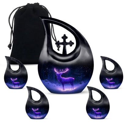 Serene Blue Deer Cremation Urn urn with complimentary velvet bag - faith-inspired cross-drop urn with deer pattern - memorial set with one large and four small urns