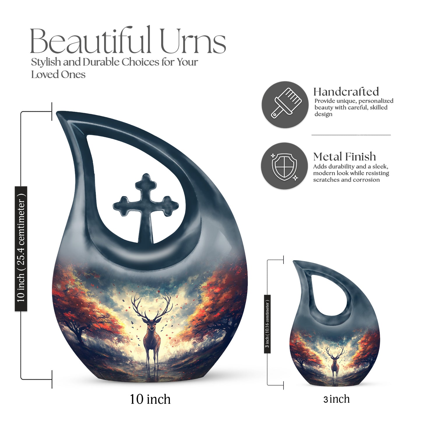 Slate Blue Deer Cremation Urn back view with polished surface - sacred cross merged with deer motif on metal - mini keepsake memorial for portion of cremation ashes