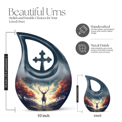 Slate Blue Deer Cremation Urn back view with polished surface - sacred cross merged with deer motif on metal - mini keepsake memorial for portion of cremation ashes