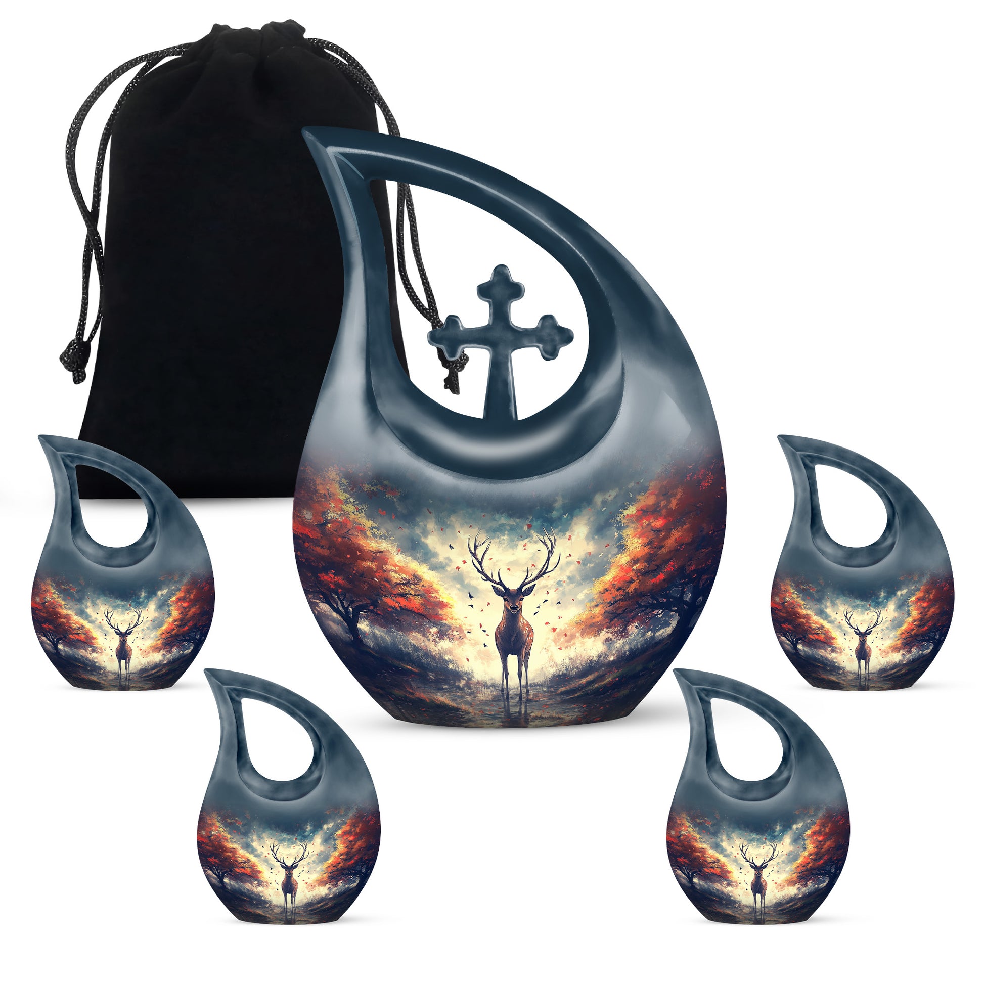 Misty Blue Deer Cremation Urn urn with complimentary velvet bag - sacred cross merged with deer motif on metal - memorial set with one large and four small urns