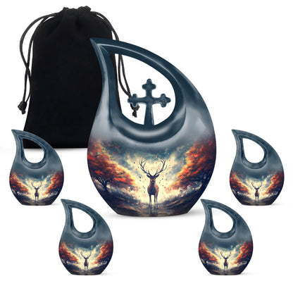 Misty Blue Deer Cremation Urn urn with complimentary velvet bag - sacred cross merged with deer motif on metal - memorial set with one large and four small urns