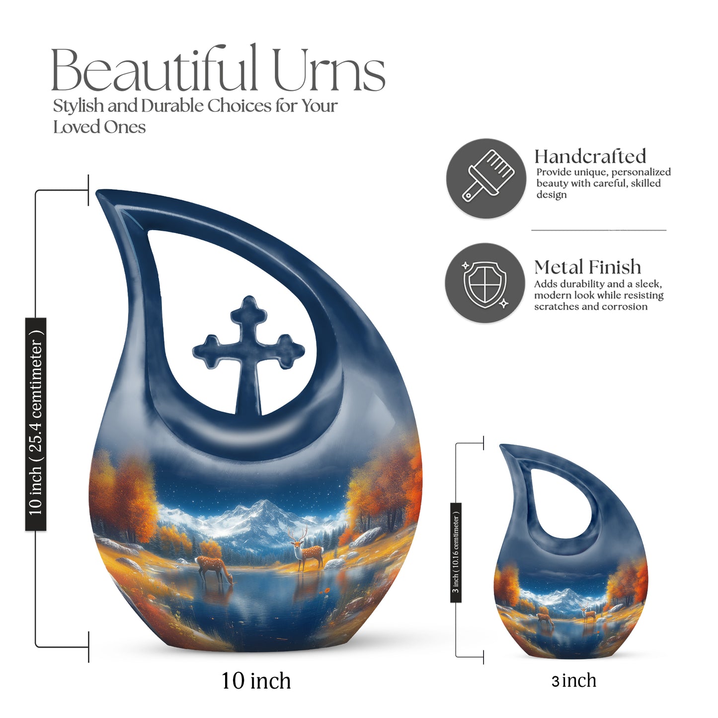 Misty Blue Deer Cremation Urn back view with polished surface - cross and deer combined in spiritual memorial design - mini keepsake memorial for portion of cremation ashes